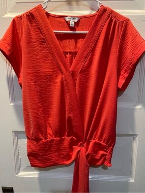 Nine West Bright Coral Short-Sleeve Wrap Tie Blouse, Small